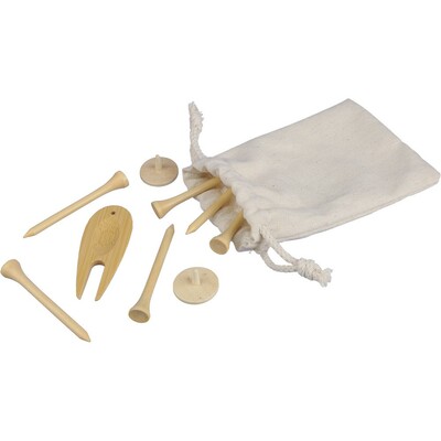 Set mit Golfzubehör aus Holz, bestehend aus 6 Holztees, 1 Bambus-Pitchgabel, 2 Holzmarkern, verpackt in einer Baumwolltasche mit Kordelzug und Anhänger im Inneren